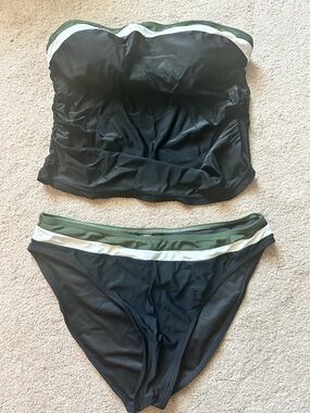 Black Bandeau Bikini with Olive and White Trim